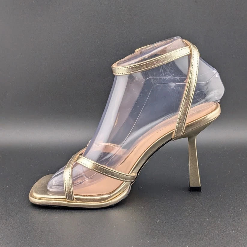 Women's Size 6 Gold Hi Strappy 3.5" Stiletto Heel Open Toe Sandal side buckle SoleComfort.shoes