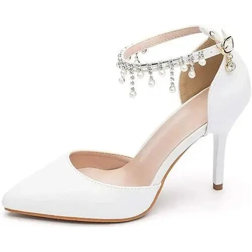 Women's Size 7.5 Ankle Strap Pointed Toe Stilettos High Heel Wedding Pump Shoes With Pearls Dream Pairs