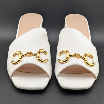 Coutgo Women's Size 9.5 Square Open Toe Chunky Heel Sandals Slip-On Slides Chain SoleComfort.shoes