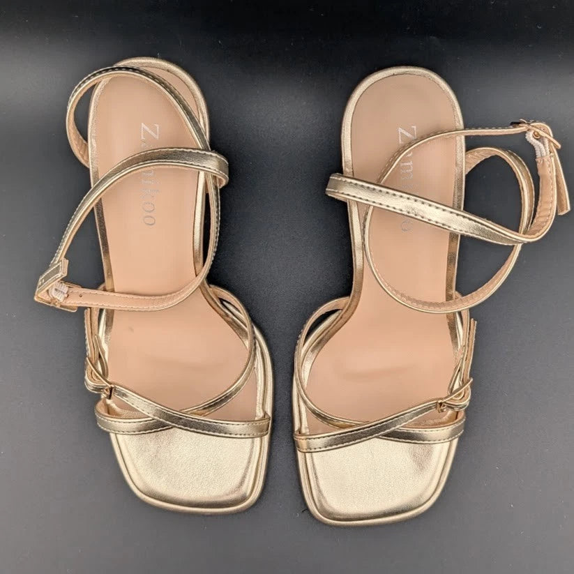 Women's Size 6 Gold Hi Strappy 3.5" Stiletto Heel Open Toe Sandal side buckle SoleComfort.shoes