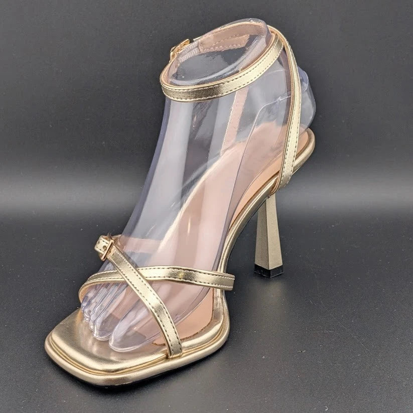 Women's Size 6 Gold Hi Strappy 3.5" Stiletto Heel Open Toe Sandal side buckle SoleComfort.shoes