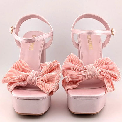 Womens Sz 37 (US 6-6.5) Bow-Knot Platform Mid-Chunky Heel Open Toe Dress Ankle Strap Sandal SoleComfort.shoes