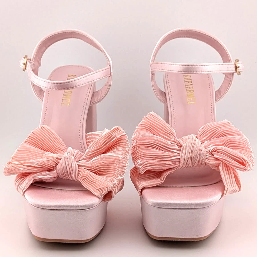 Womens Sz 37 (US 6-6.5) Bow-Knot Platform Mid-Chunky Heel Open Toe Dress Ankle Strap Sandal SoleComfort.shoes