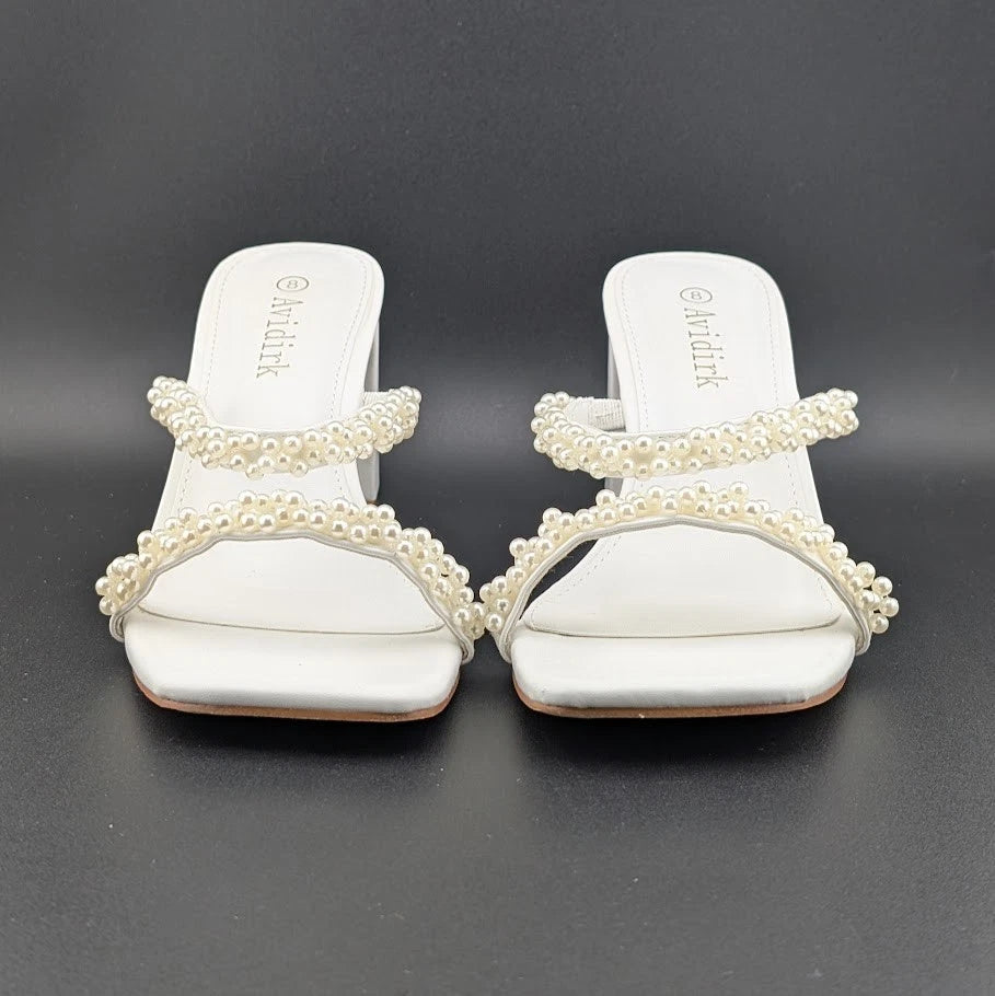 Womens Sz 8 Pearl Sandals Low Square Open Toe Block Chunky Heels Slip On Slides Avidirk