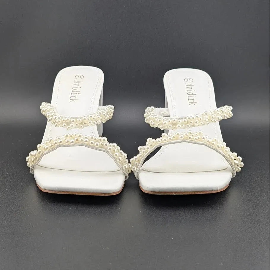 Womens Sz 8 Pearl Sandals Low Square Open Toe Block Chunky Heels Slip On Slides Avidirk