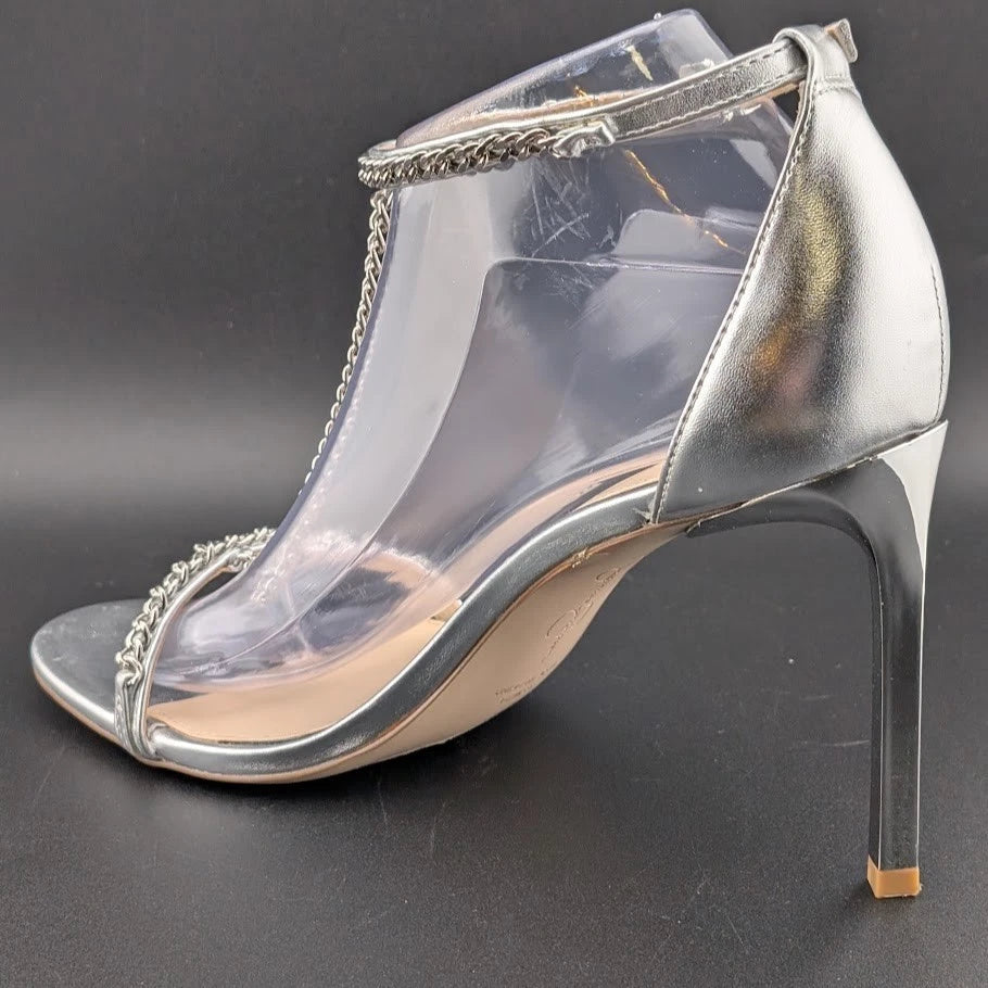 Jessica Simpson Size 9. 5 Qiven Faux Leather 4-in Heels T-Strap Chain Silver NEW SoleComfort.shoes