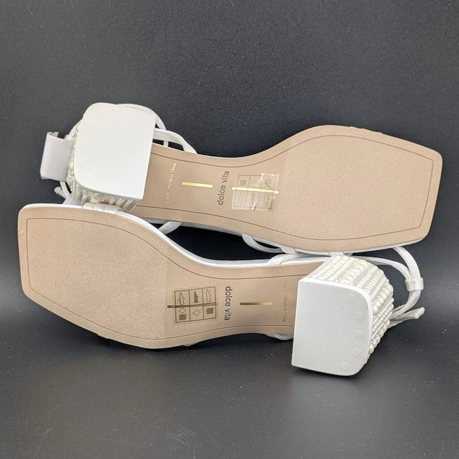 Dolce Vita Women's Sz 6 Ysabel Pearl 2.4" Chunk Heeled Sandal True White Satin SoleComfort.shoes