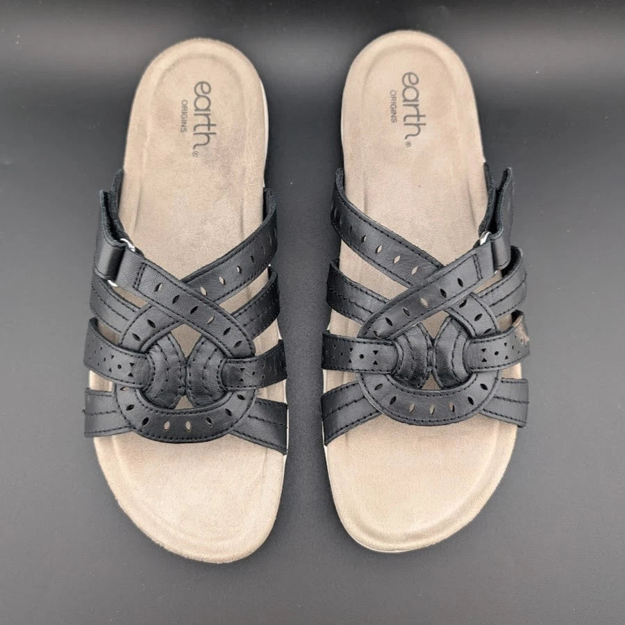 Reconditioned Earth Women's Size 11M Sassoni Strappy Slip On Sandals in Black Leather Earth Origins