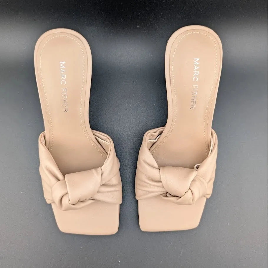 MARC FISHER DALIOT Beige/Tan Square Toe Mule Heeled Sandals with Knot Super Soft SoleComfort.shoes