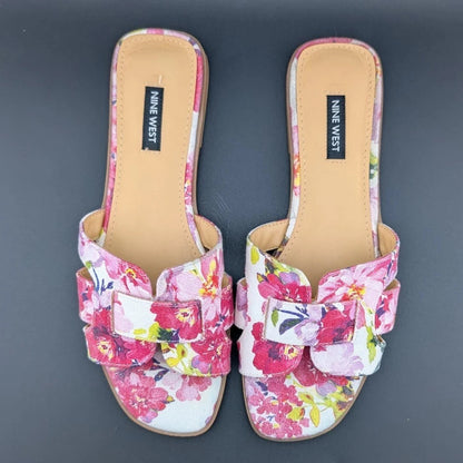 Nine West Size 9 Germani Light Natural Flat Slide Sandals Floral SoleComfort.shoes