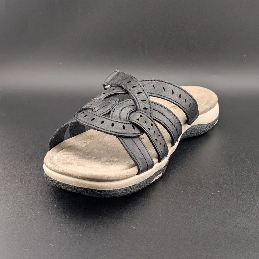 Reconditioned Earth Women's Size 11M Sassoni Strappy Slip On Sandals in Black Leather Earth Origins
