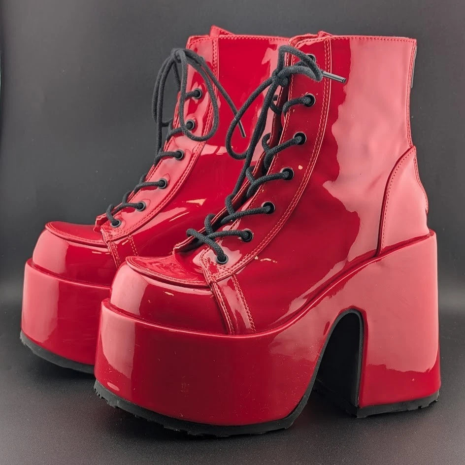 Red Patent Platform Boots Festival Rave Burning Man Gogo Dancer Shoes Demonia SoleComfort.shoes