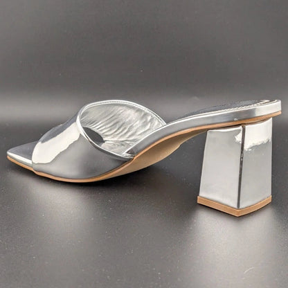 Carl Karida Size 7.5 Women's Silver Metallic Slip On Chunky Heeled Mules Luxury SoleComfort.shoes