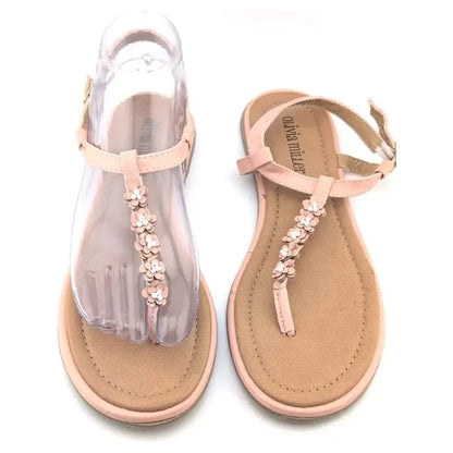 Womens Petit Floral Strap Thong Sandals Size 7M Pink Faux Leather Flat Shoes - SoleComfort.shoes