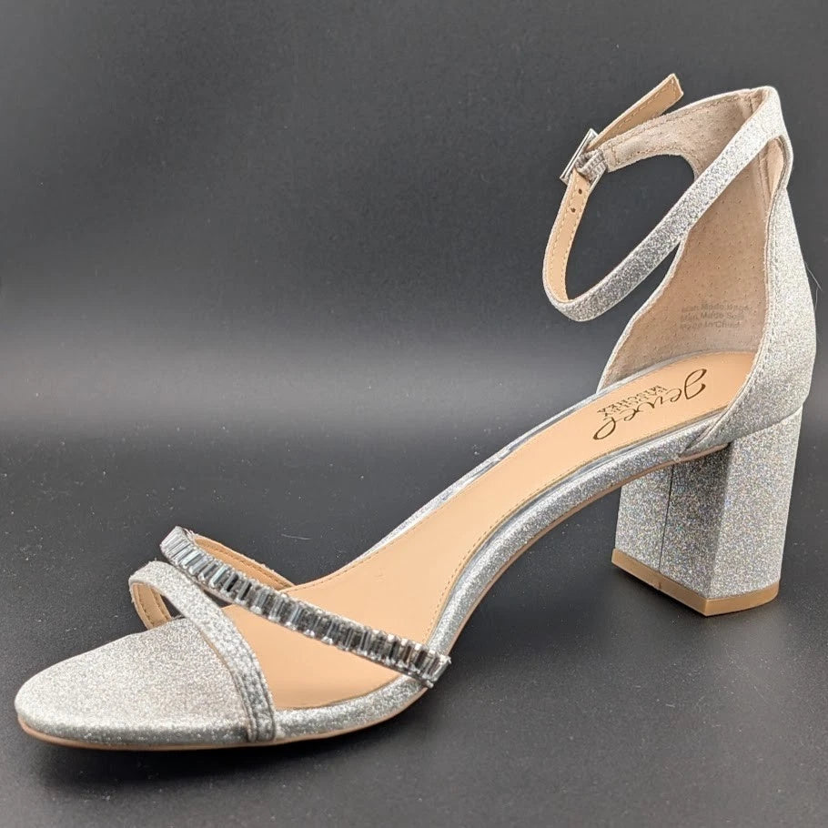 JEWEL BADGLEY MISCHKA Womens 10M Silver Joanne Open Toe Block Heel Sandal SoleComfort.shoes