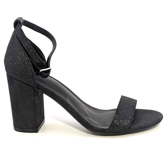 Mysoft Womens Sz 7.5 Black Sparkle Open-Toe Block Hi Heeled Ankle Strap Sandals SoleComfort.shoes