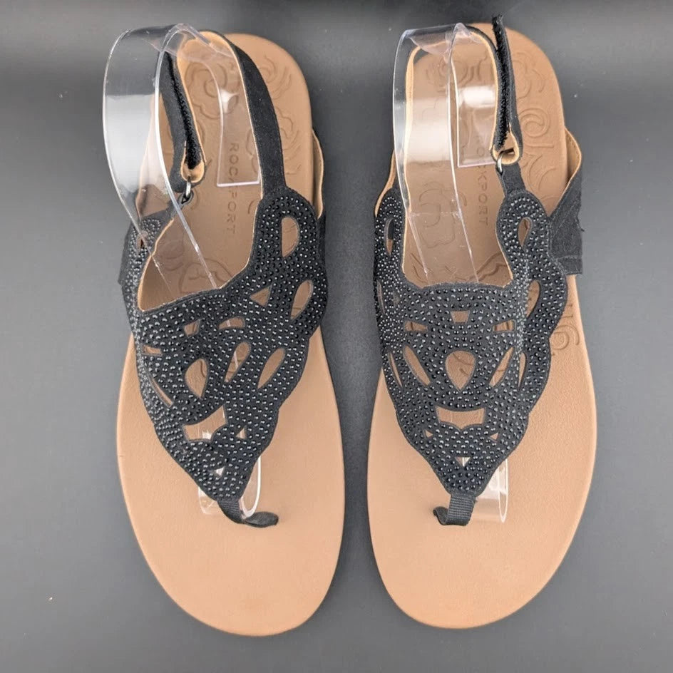 Rockport Sandals Womens Ridge Black 10 Leather Thong Slingback Shoe w/ Sparkles SoleComfort.shoes