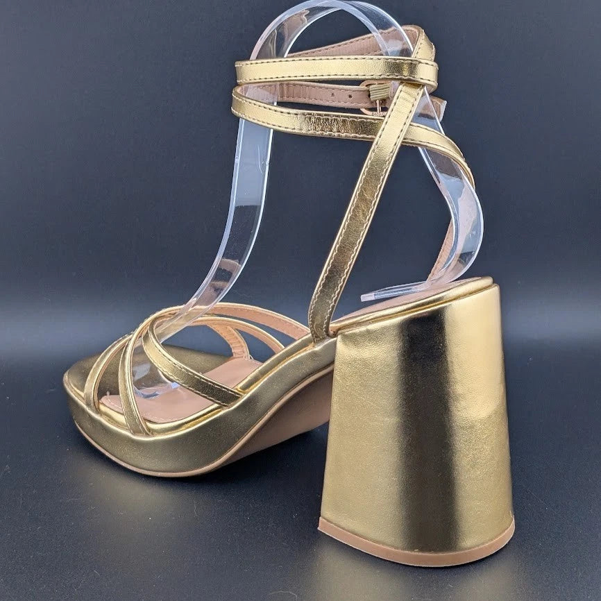 Gufobela Women's Size 7 Gold Hi Strappy Platform 4" Chunky Heel Open Toe Sandals Unbranded