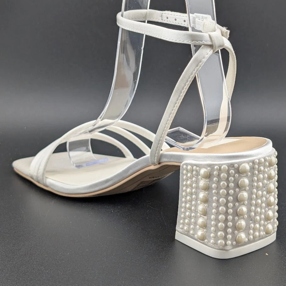 Dolce Vita Women's Sz 6 Ysabel Pearl 2.4" Chunk Heeled Sandal True White Satin SoleComfort.shoes