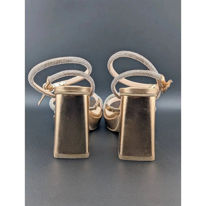 Women's Size 6.5 Bronze Metallic Platform Strappy 4" Block Heels w/ Rhinestones SoleComfort.shoes