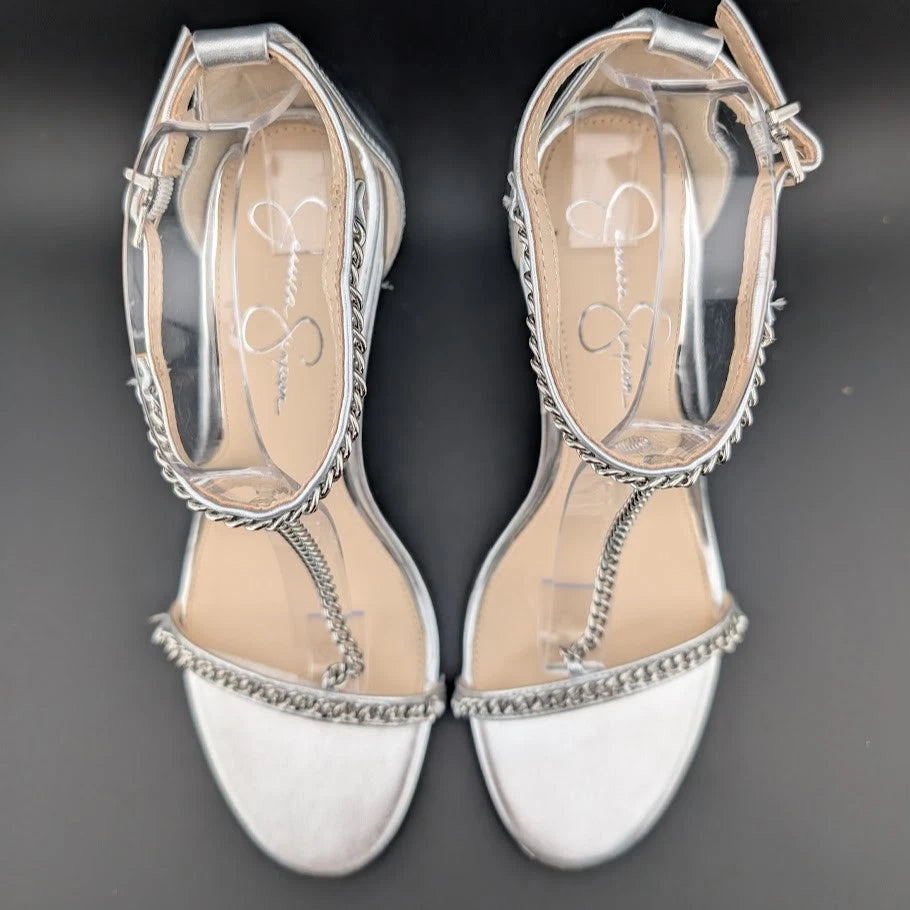 Jessica Simpson Size 9. 5 Qiven Faux Leather 4-in Heels T-Strap Chain Silver NEW SoleComfort.shoes
