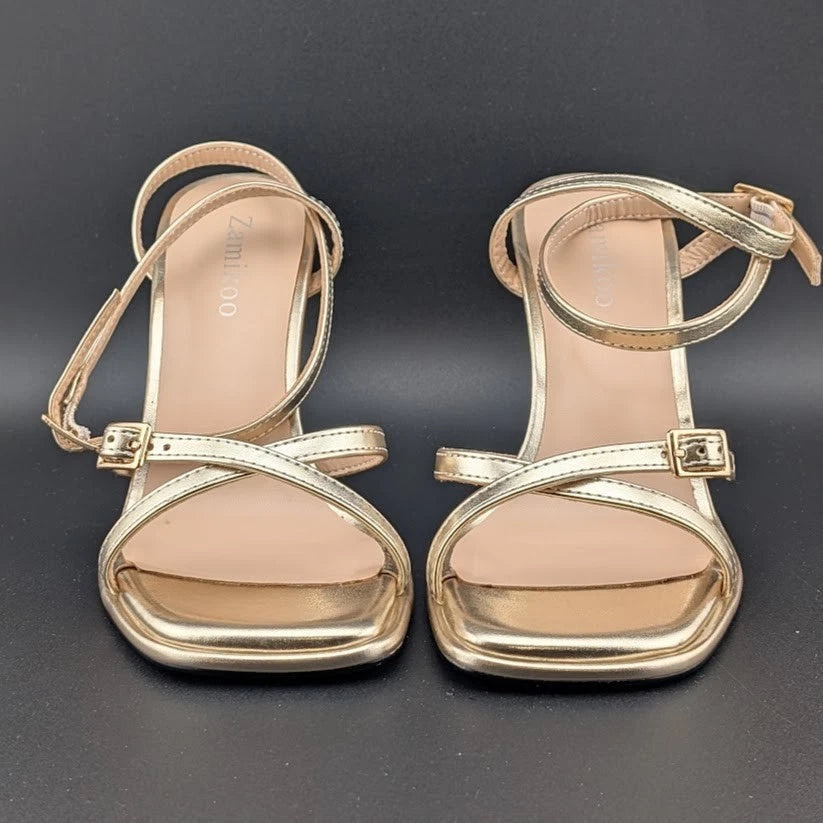Women's Size 6 Gold Hi Strappy 3.5" Stiletto Heel Open Toe Sandal side buckle SoleComfort.shoes