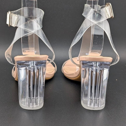 Women's Size 7 Clear Heeled Sandals Ankle Strap Block Chunky Heel Open Toe SoleComfort.shoes