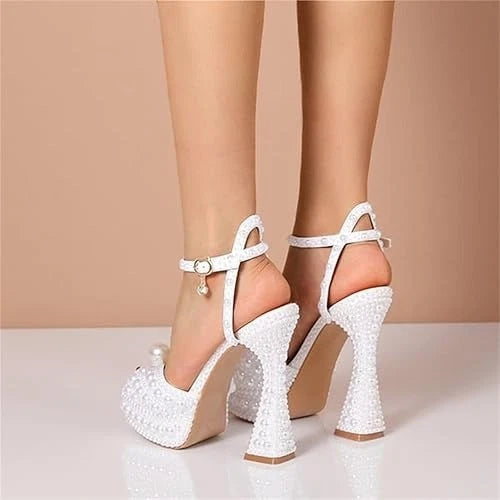 Womens EU 40 Open Toe Pearl Platform Heels Chunky Buckle Ankle (US 9-9.5) Goolita