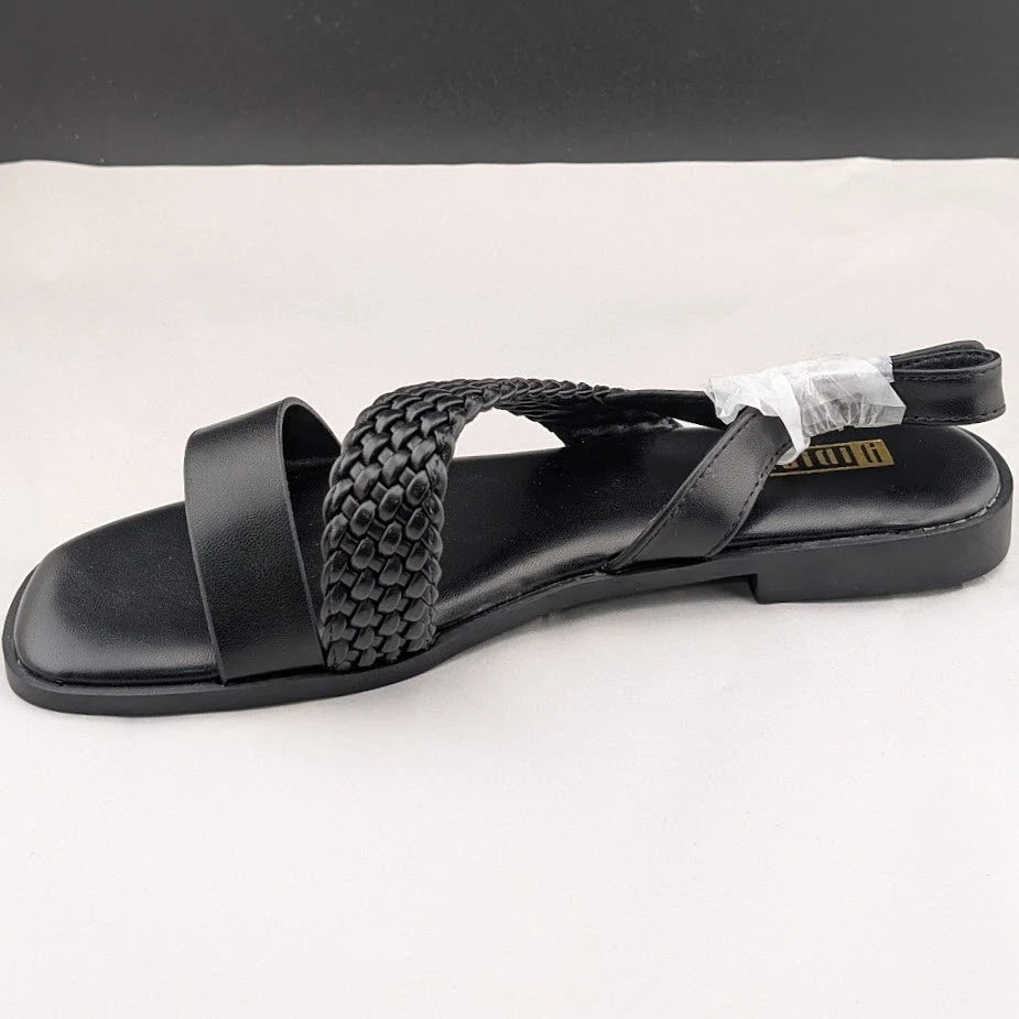 Women's Size 7.5 Black Open Toe Braided Ankle Strap Summer Sandals SoleComfort.shoes