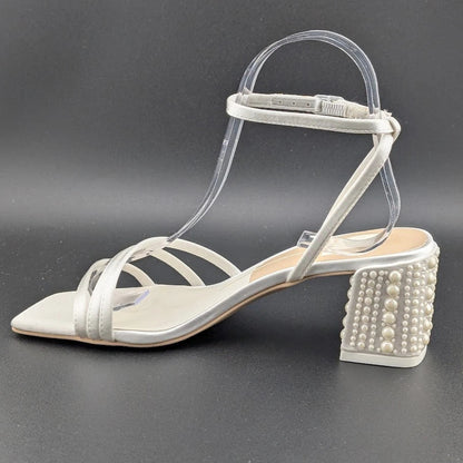 Dolce Vita Women's Sz 6 Ysabel Pearl 2.4" Chunk Heeled Sandal True White Satin SoleComfort.shoes