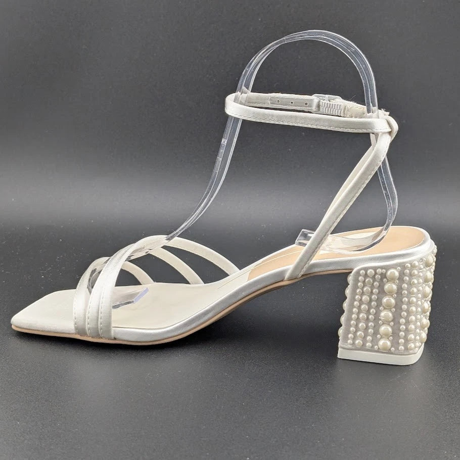 Dolce Vita Women's Sz 6 Ysabel Pearl 2.4" Chunk Heeled Sandal True White Satin SoleComfort.shoes