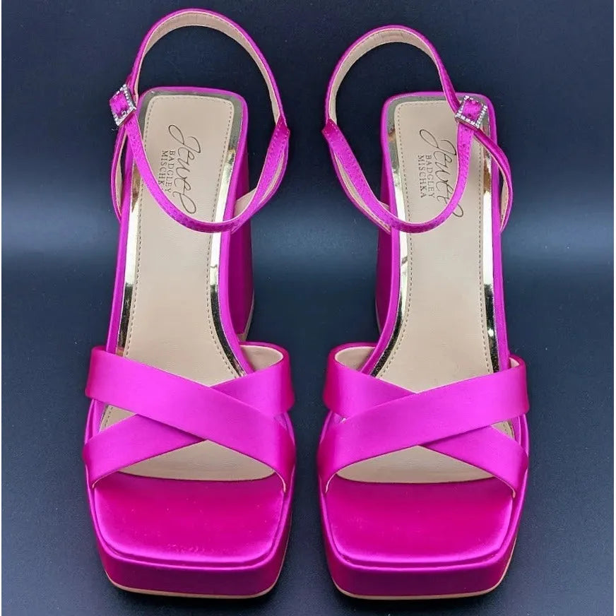 NEW | Jewel Badgley Mischka Sz 8 Rainbow Chunky Platforms Pink Satin JW4628 SoleComfort.shoes