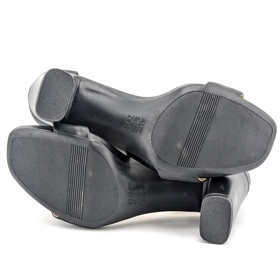 Naturalizer Women's Size 9.5W Joy Black Leather Sandals with 4" Chunky Heels SoleComfort.shoes