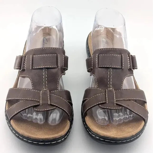 Clarks Collection Ultimate Comfort Sandals Women Size 10M Brown Leather Slides - SoleComfort.shoes
