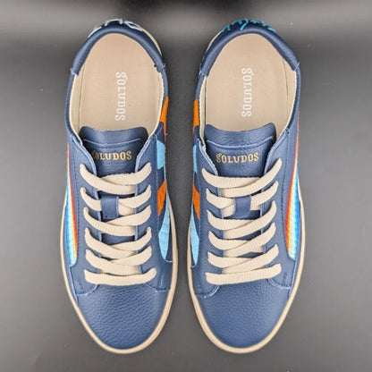NWB Womens Size 6.5* Soludos Ibiza Blue Leather Embroidered Rainbow Wave Sneaker SoleComfort.shoes
