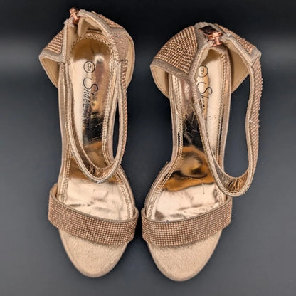 ShoeLand Womens Sz 9 Bronze Rhinestone Platform Sandal Chunky Block 5" Heel Sexy SoleComfort.shoes