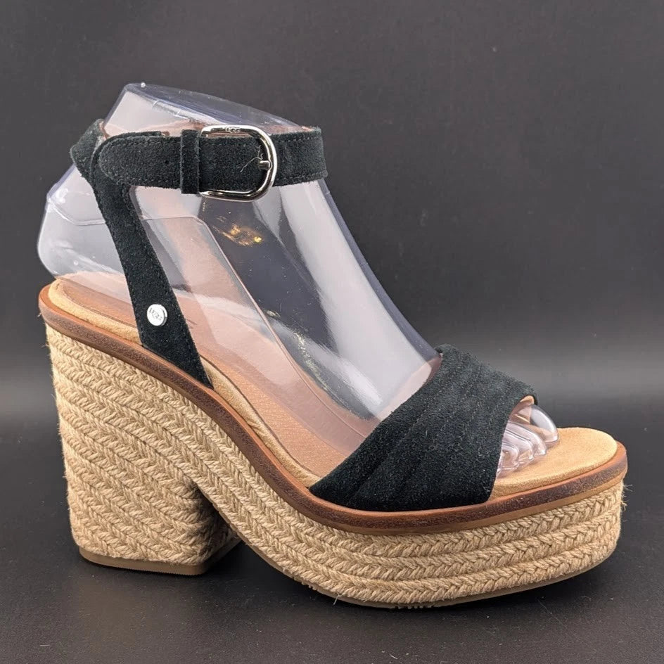 UGG Women's Size 6.5 Laynce Wedge Heel Sandal Black Reconditioned SoleComfort.shoes