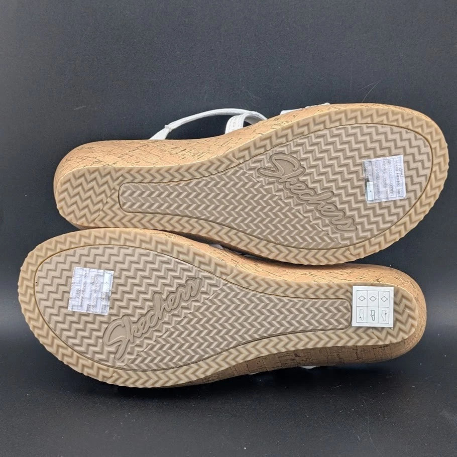 Skechers Cali Size US 11 Luxe Foam Tan White Cork Wedge Heel Sandals 31714/WHT SoleComfort.shoes