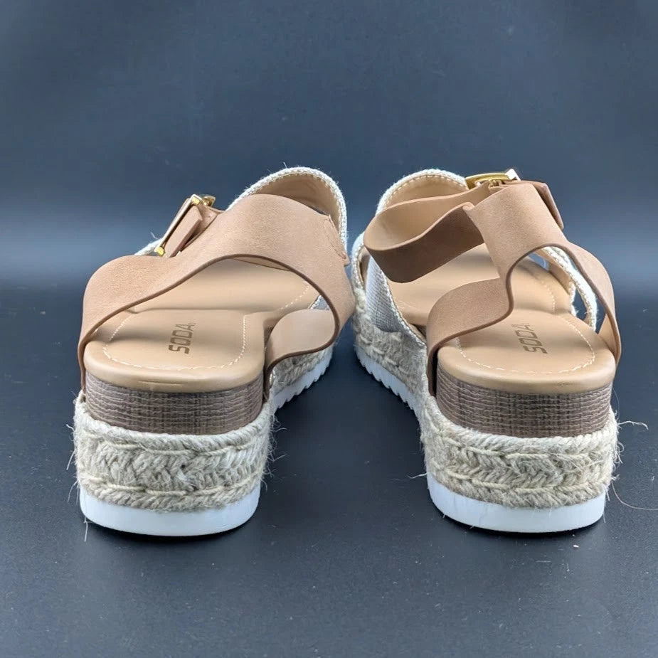 Women's Size 10 Soda Bryce Espadrille Ankle Strap Platform Sandal Light Brown SoleComfort.shoes
