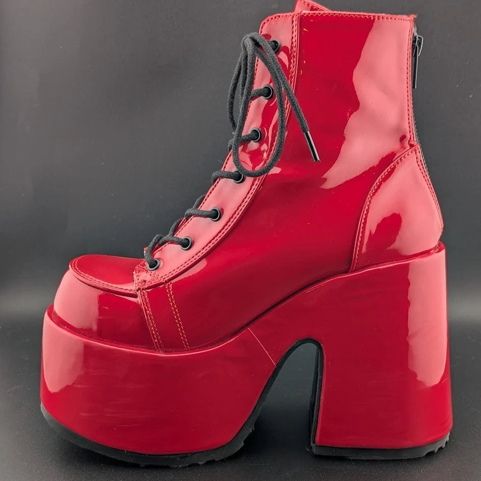 Red Patent Platform Boots Festival Rave Burning Man Gogo Dancer Shoes Demonia SoleComfort.shoes