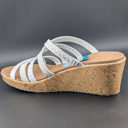 Skechers Cali Size US 11 Luxe Foam Tan White Cork Wedge Heel Sandals 31714/WHT SoleComfort.shoes