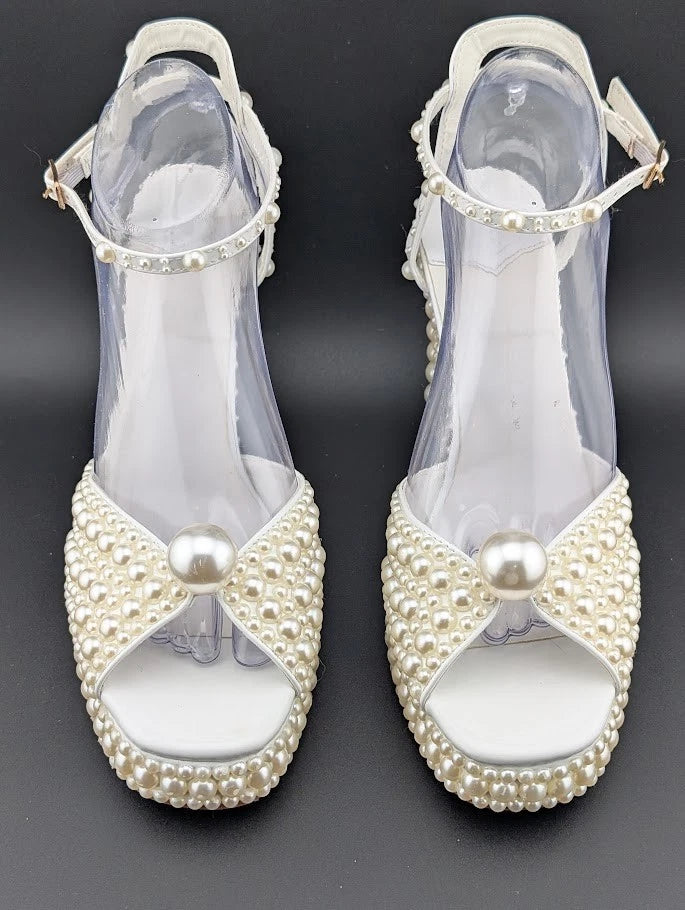 Womens EU 40 Open Toe Pearl Platform Heels Chunky Buckle Ankle (US 9-9.5) SoleComfort.shoes