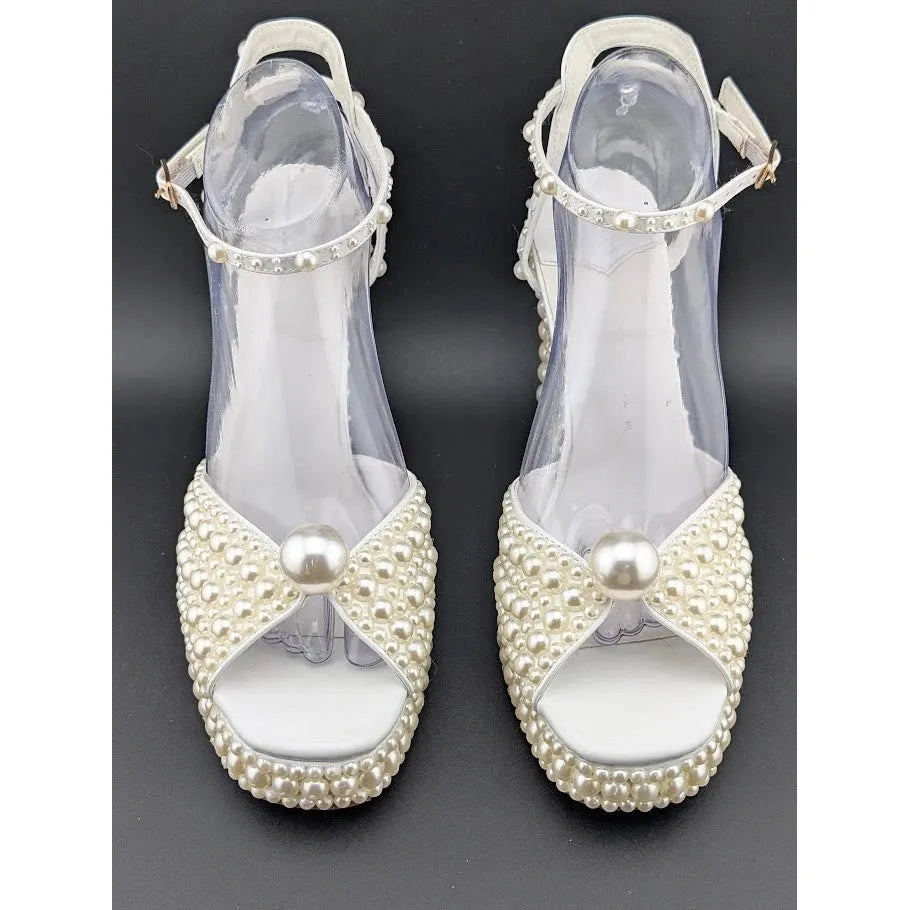 Womens EU 40 Open Toe Pearl Platform Heels Chunky Buckle Ankle (US 9-9.5) SoleComfort.shoes