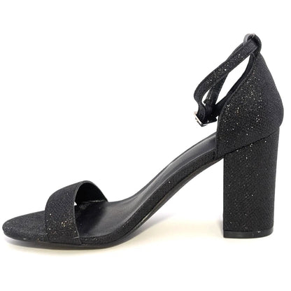 Mysoft Womens Sz 7.5 Black Sparkle Open-Toe Block Hi Heeled Ankle Strap Sandals SoleComfort.shoes