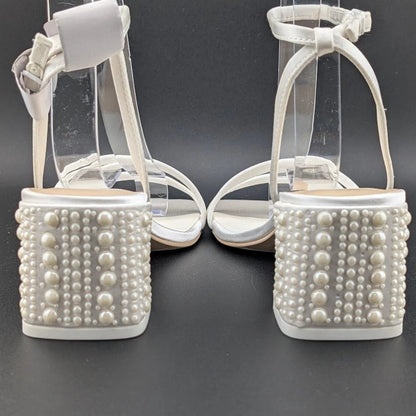 Dolce Vita Women's Sz 6 Ysabel Pearl 2.4" Chunk Heeled Sandal True White Satin SoleComfort.shoes