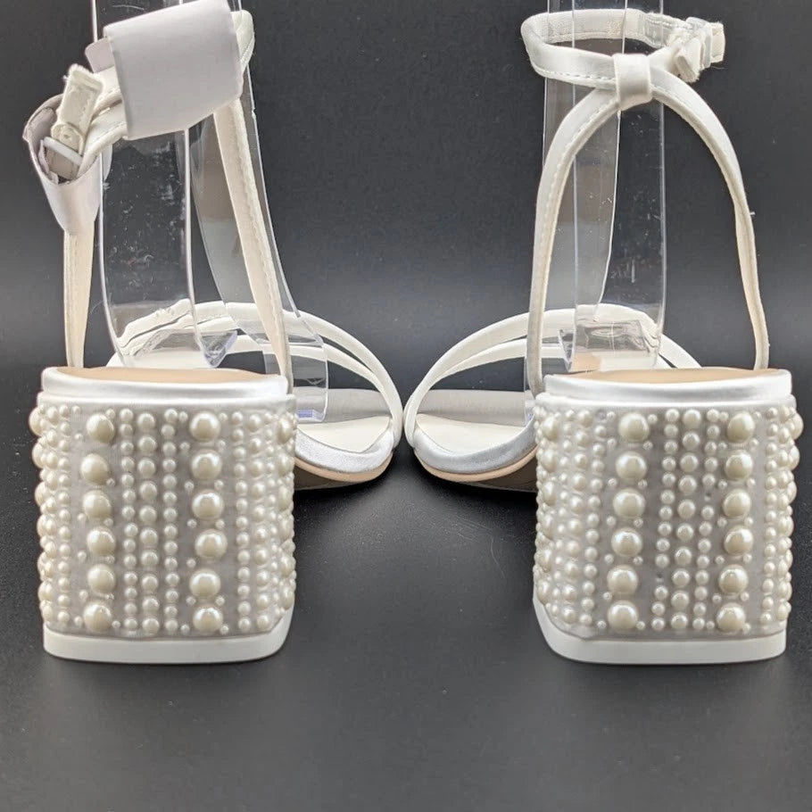 Dolce Vita Women's Sz 6 Ysabel Pearl 2.4" Chunk Heeled Sandal True White Satin SoleComfort.shoes