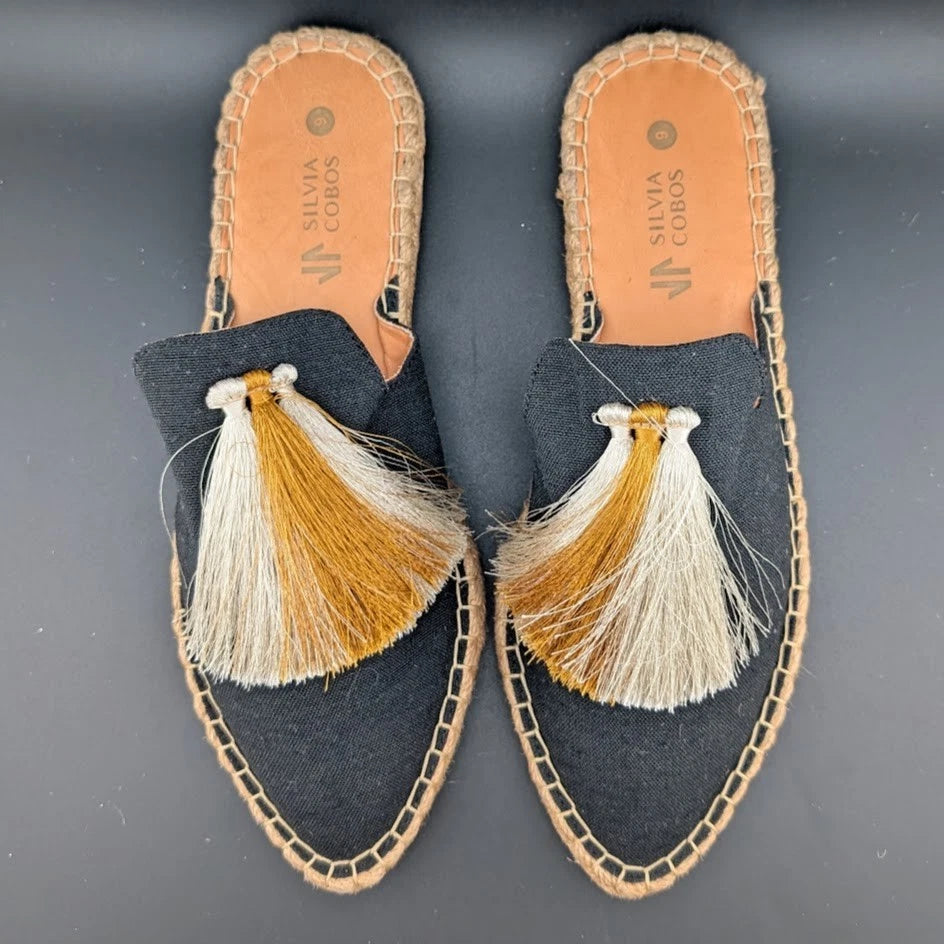 *NEW* Silvia Cobos Size 9 Womens Slip On Tassel Espadrilles Black Canvas S solecomfort.shoes ( SoleComfort.shoes