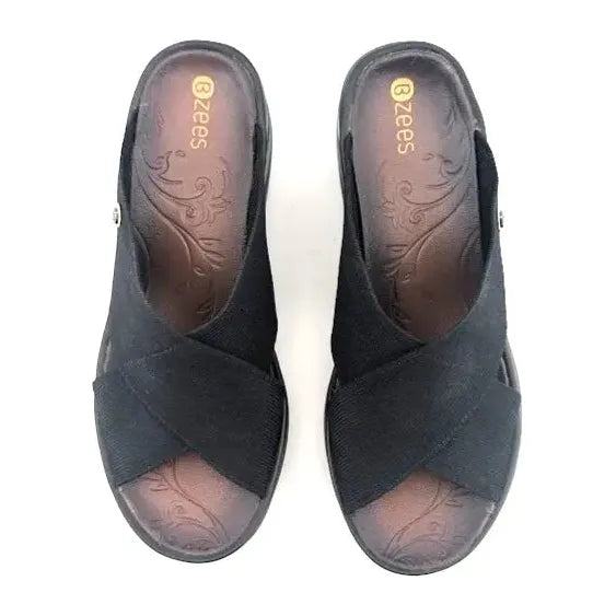 Bzees Desire Wedge Elastic Bands Slide Sandals Black Women's 9M Bzee