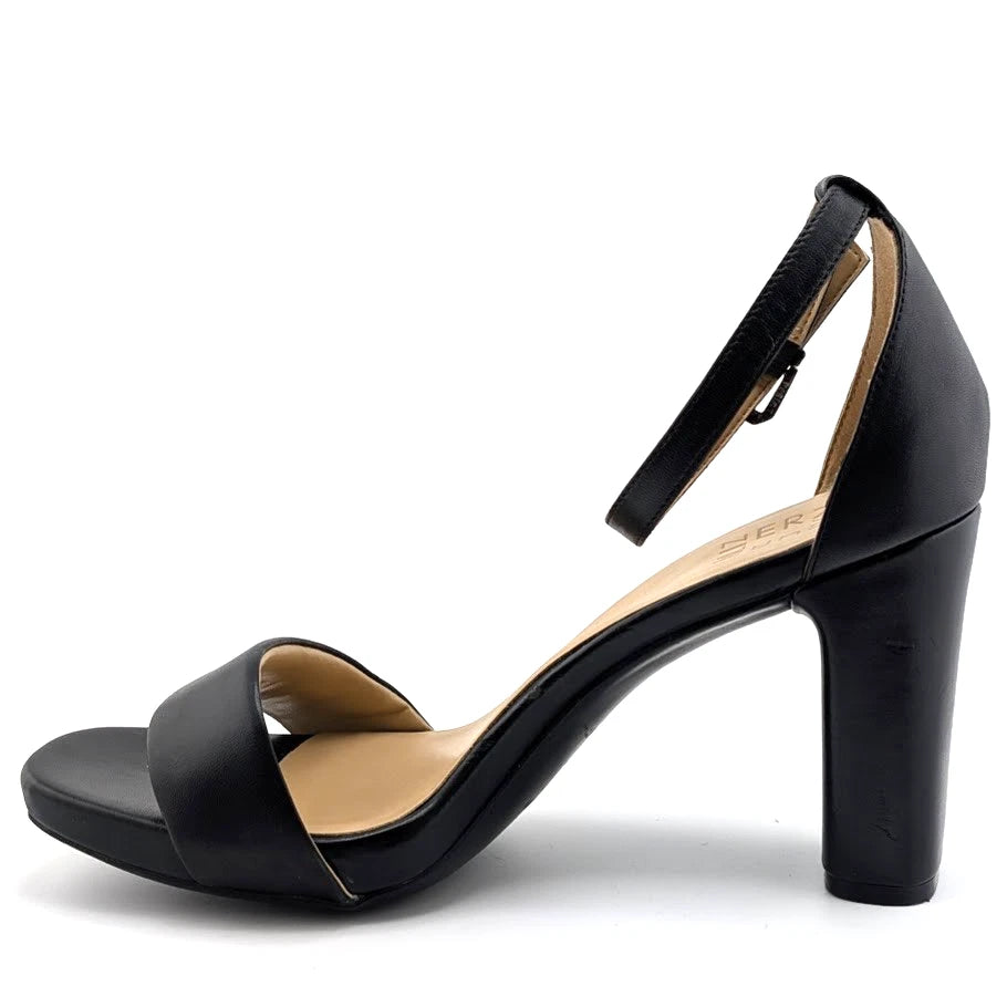Naturalizer Women's Size 9.5W Joy Black Leather Sandals with 4" Chunky Heels SoleComfort.shoes