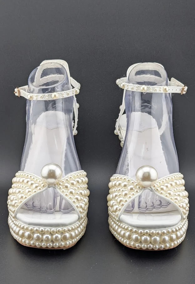 Womens EU 40 Open Toe Pearl Platform Heels Chunky Buckle Ankle (US 9-9.5) SoleComfort.shoes